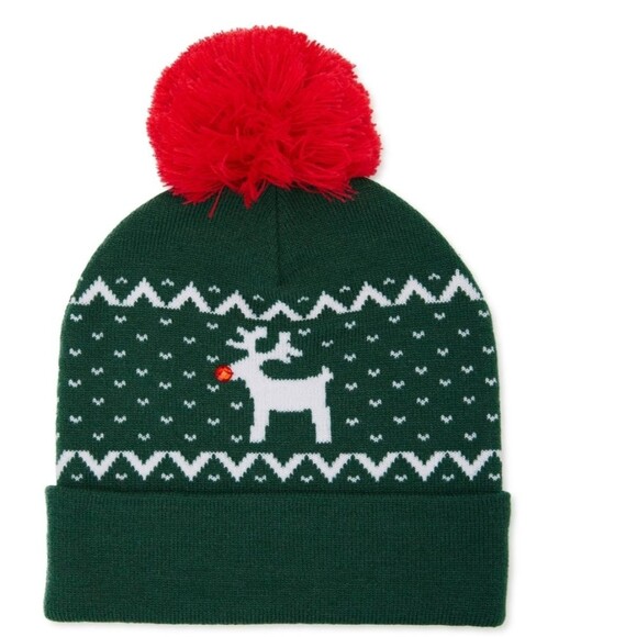Holiday Time Women's Fair Isle Reindeer Pom Pom Beanie Hat Green - Picture 1 of 5